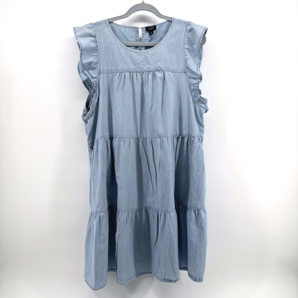 J.Crew Tiered Chambray Dress Women 18 Blue Ruffle Mini A-line Preppy Cottagecore